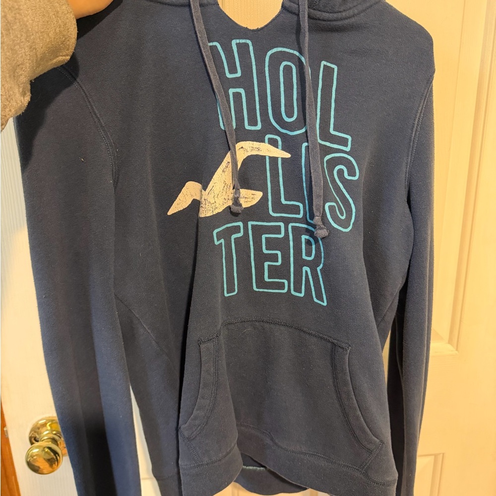 Hollister Navy Blue Crewneck Hoodie with Teal Logo